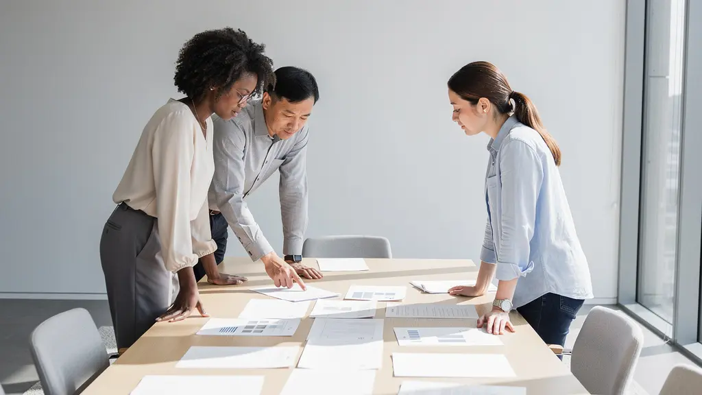 Personnes examinant des documents financiers et rapports d'impact sur une table de travail