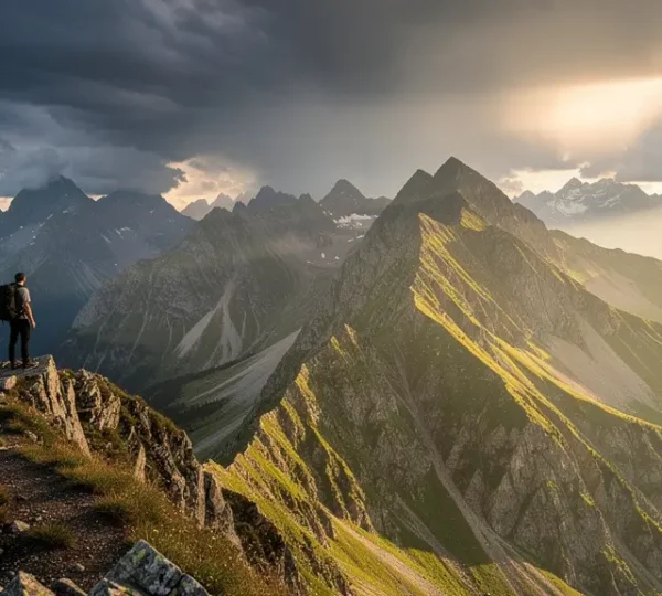 Randonneur en montagne face aux éléments naturels et conditions météorologiques difficiles