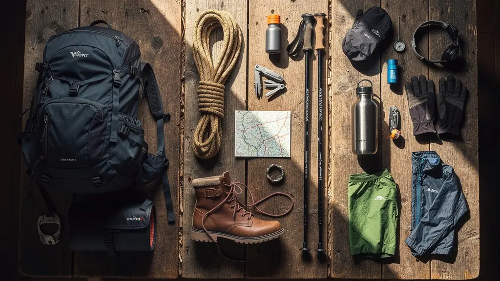 Table en bois avec équipement de randonnée organisé en trois zones distinctes : indispensable, utile et superflu