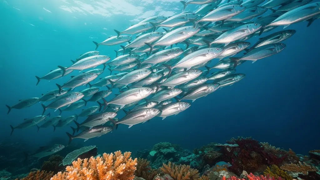 Un banc de poissons tropicaux nage harmonieusement au-dessus d'un récif corallien intact, symbolisant l'équilibre naturel de l'écosystème marin