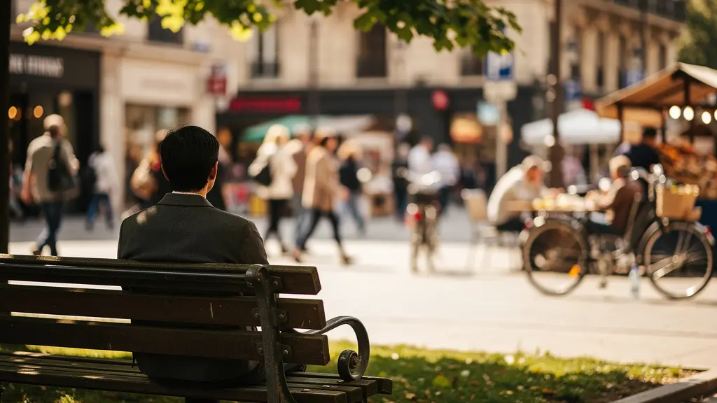 Personne assise sur un banc observant paisiblement une place animée