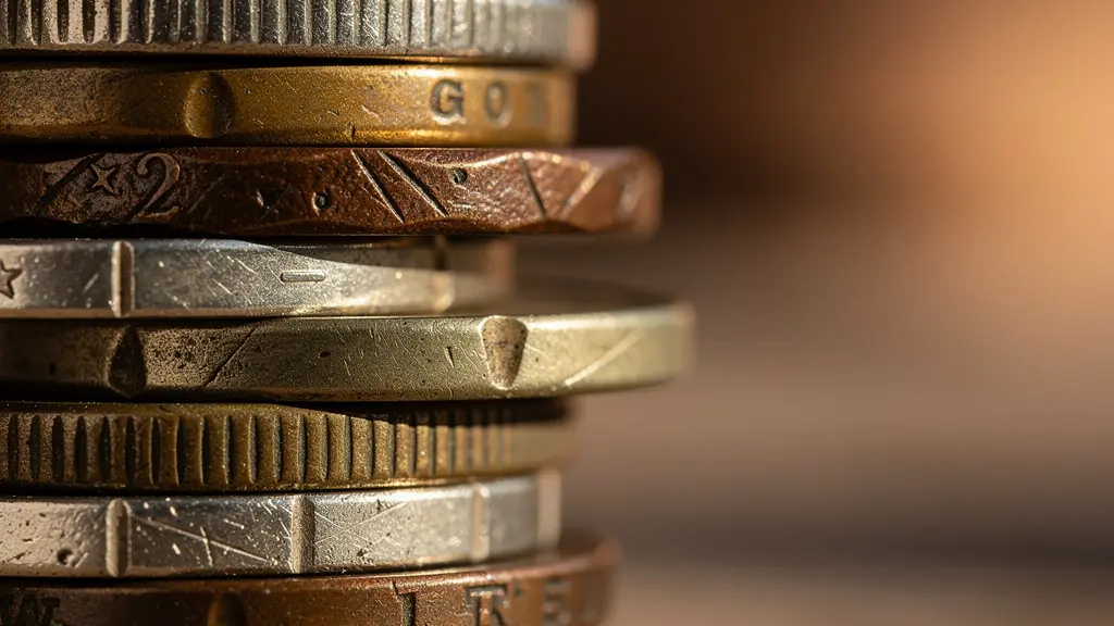 Vue macro de pièces empilées avec arrière-plan flou évoquant un village rural