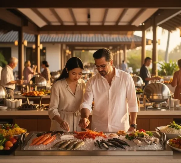 Vue panoramique d'un buffet de resort tout inclus avec des vacanciers faisant leurs choix stratégiques