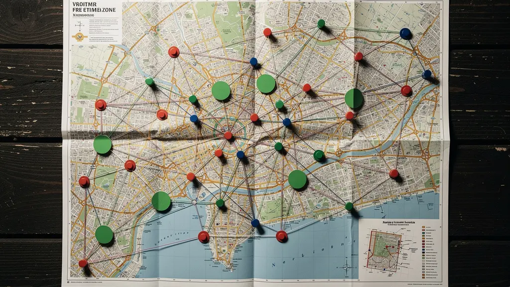 Vue aérienne d'un itinéraire de voyage avec zones marquées montrant les vrais temps libres versus les temps morts