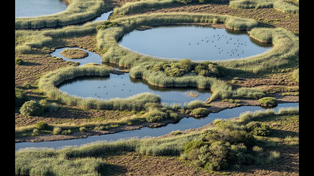 Vue aérienne de zones humides propices à l'observation des oiseaux avec étangs et marais