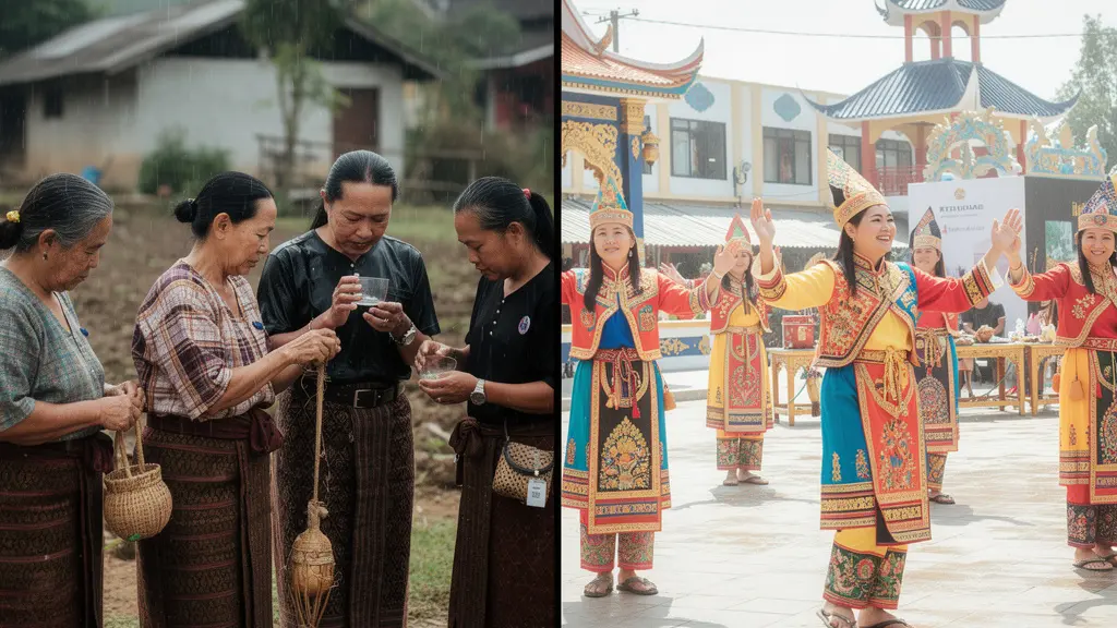 Comparaison visuelle entre une cérémonie traditionnelle privée et une démonstration touristique