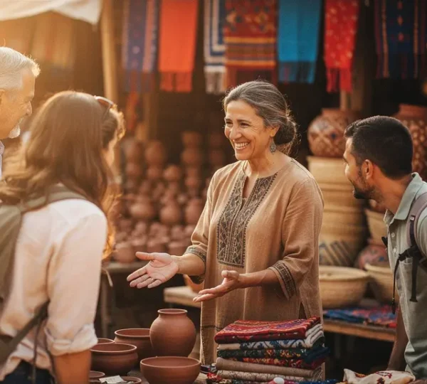 Marché artisanal local avec guide montrant des créations traditionnelles à un petit groupe de voyageurs