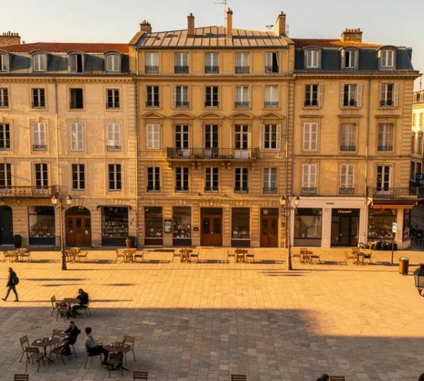 Vue aérienne d'une place urbaine européenne avec des piétons détendus et des terrasses de café