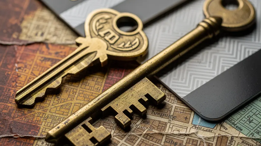 Clés d'hôtel anciennes et modernes disposées sur une carte avec épingles marquant différents quartiers