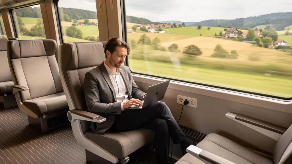 Voyageur travaillant confortablement dans un train moderne traversant un paysage européen