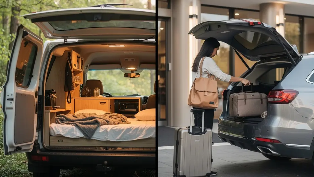 Composition montrant un van aménagé d'un côté et une voiture devant un hôtel de l'autre, illustrant les deux modes de voyage