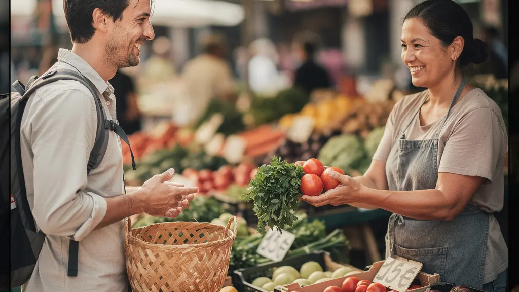 Échange chaleureux entre un voyageur et un vendeur au marché local