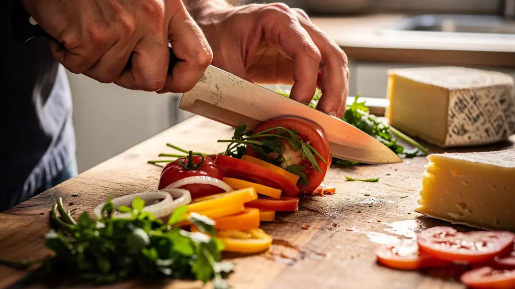 Préparation d'un repas avec des ingrédients locaux dans une cuisine d'appartement de vacances