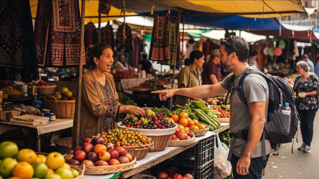 Voyageur utilisant des mots locaux avec un vendeur sur un marché, créant un moment de connexion