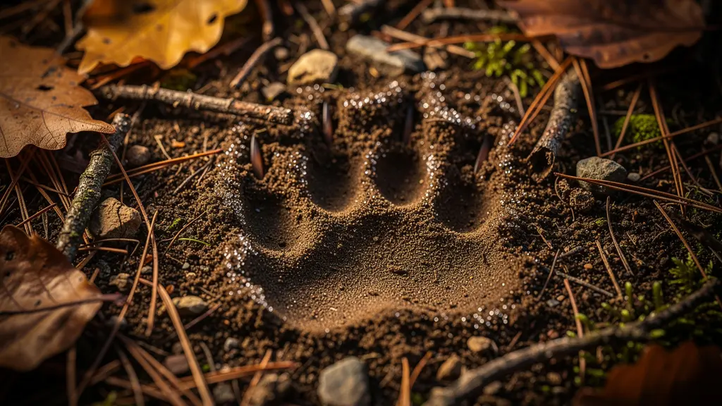 Gros plan sur une empreinte d'animal sauvage dans la terre humide d'un sentier forestier