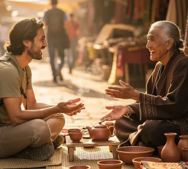 Rencontre avec une famille locale sur un marché traditionnel, partage d'un repas convivial