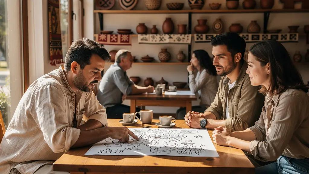 Guide local montrant une carte détaillée à des voyageurs dans un café traditionnel