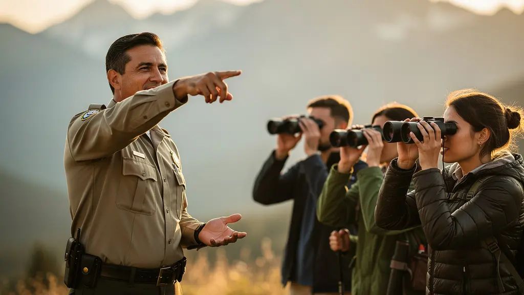 Guide naturaliste montrant la faune à un petit groupe de randonneurs avec des jumelles