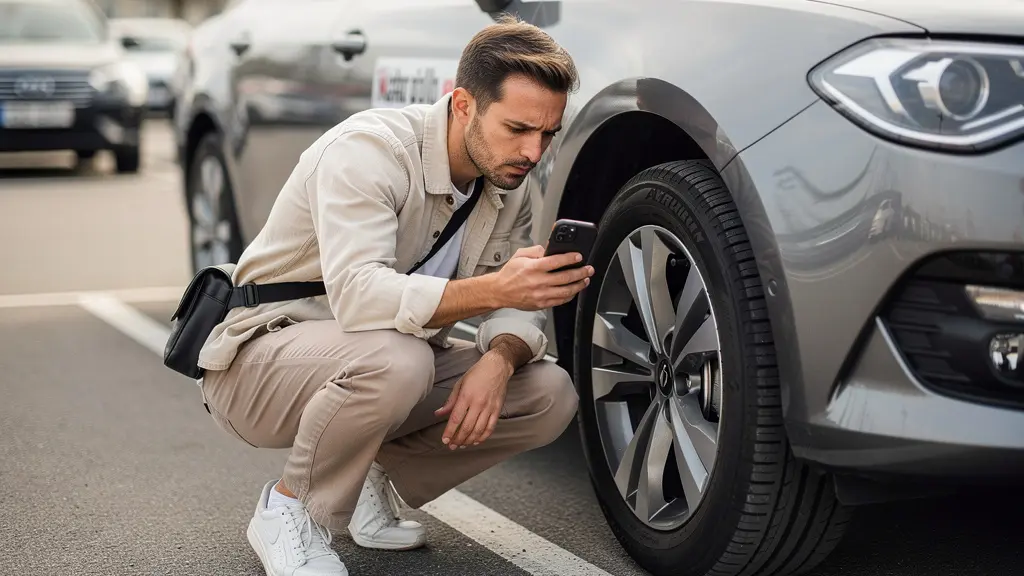 Personne inspectant minutieusement un véhicule de location avec un smartphone pour documenter l'état