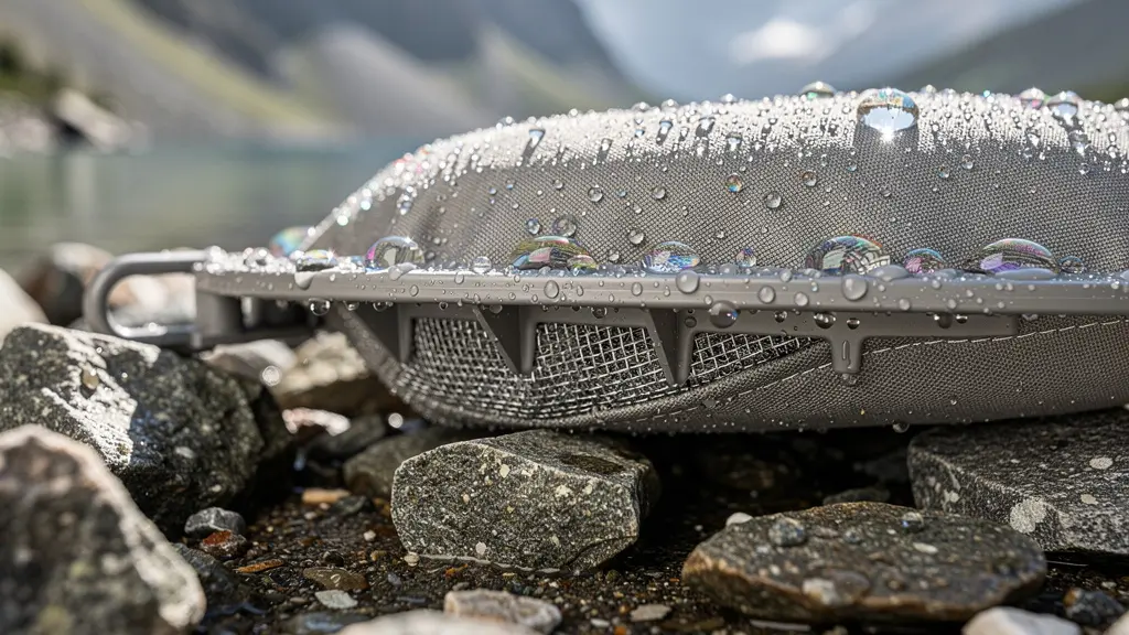 Vue macro sur équipement de filtration d'eau près d'un lac de montagne