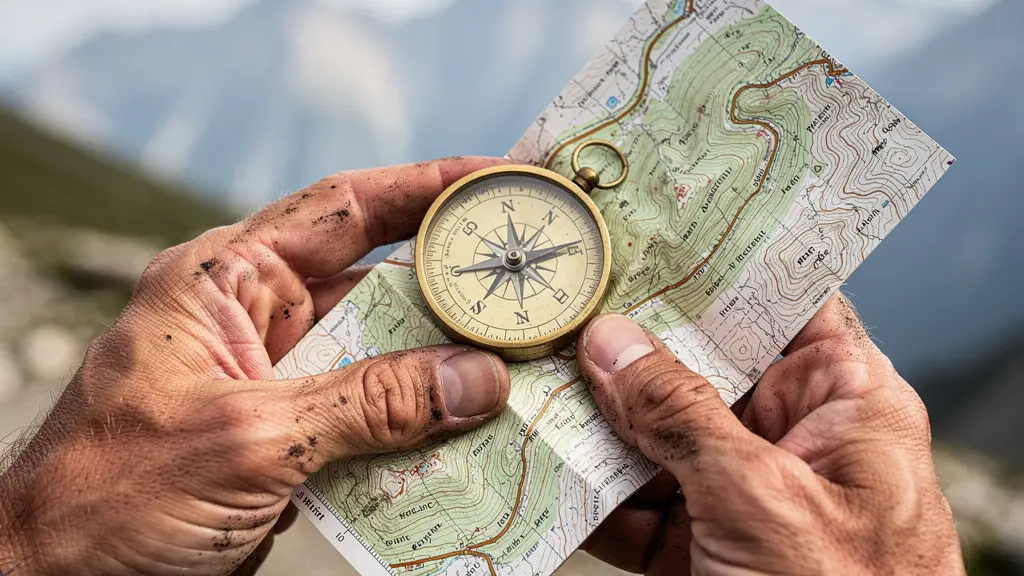 Mains tenant une carte topographique avec boussole posée dessus, montagnes floues en arrière-plan