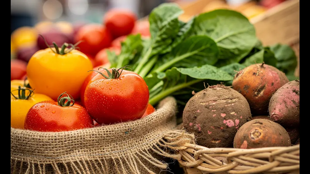 Étal de marché avec fruits et légumes en vrac, sacs réutilisables en toile