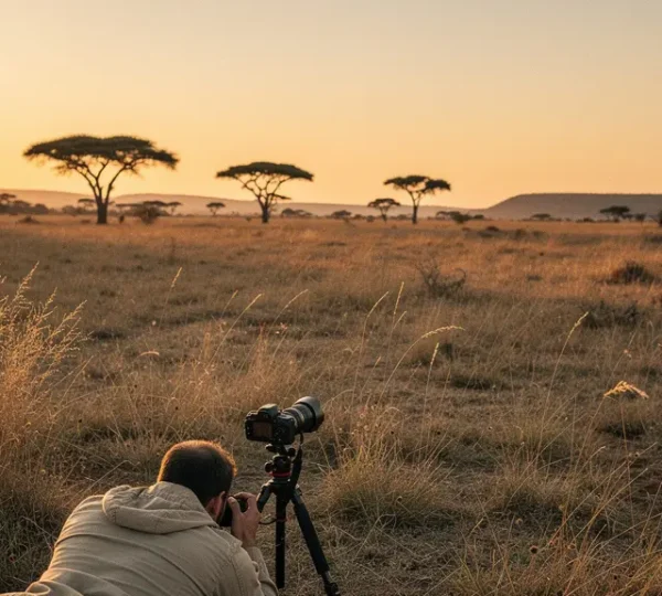 Photographe animalier en observation respectueuse dans la savane africaine