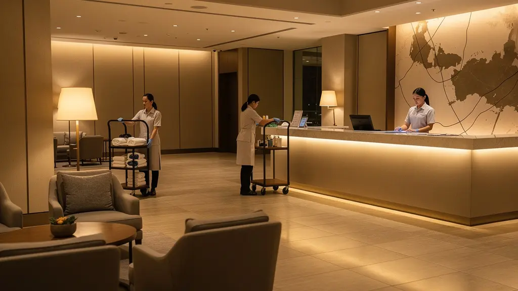 Hall d'hôtel avec personnel en uniforme travaillant, vue depuis le point de vue d'un client observateur