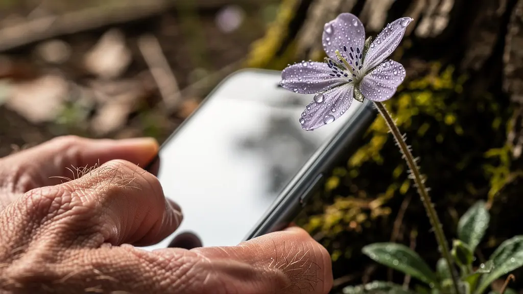 Main tenant un smartphone photographiant une plante rare dans la nature