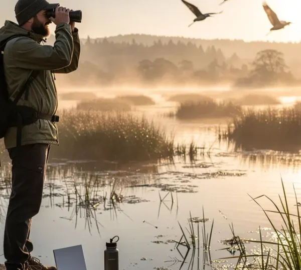 Voyageur observant des oiseaux endémiques avec jumelles et guide d'identification dans un paysage naturel