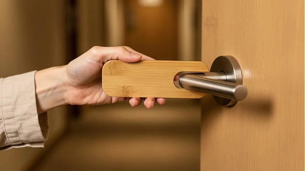 Main posant délicatement un panneau en bois sur une poignée de porte d'hôtel