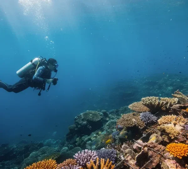 Un plongeur respectueux observe à distance un récif corallien multicolore dans une eau cristalline, illustrant l'équilibre fragile entre exploration et préservation