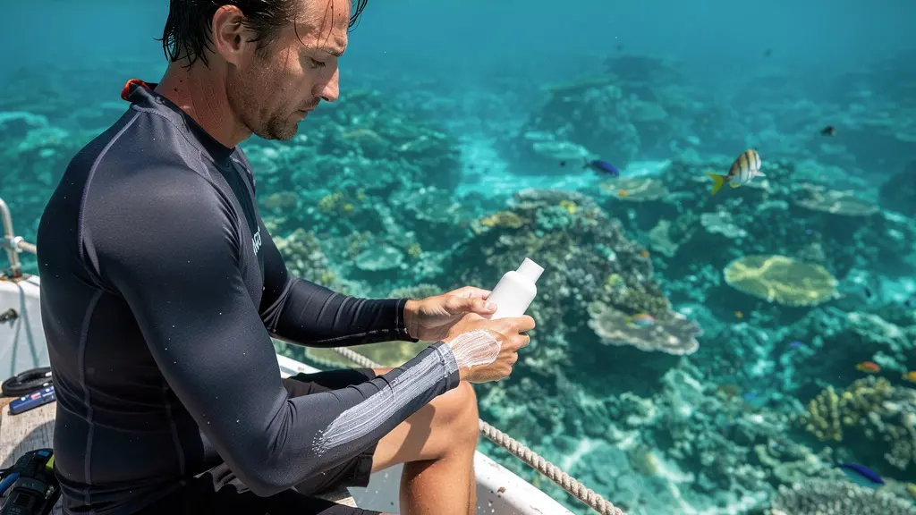 Plongeur appliquant une protection solaire respectueuse avant d'explorer un récif corallien coloré