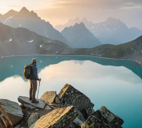 Randonneur contemplant un lac d'altitude turquoise entouré de sommets enneigés au lever du soleil