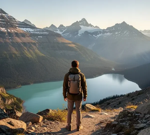 Randonneur contemplant un paysage de réserve naturelle avec massif montagneux et lac d'altitude
