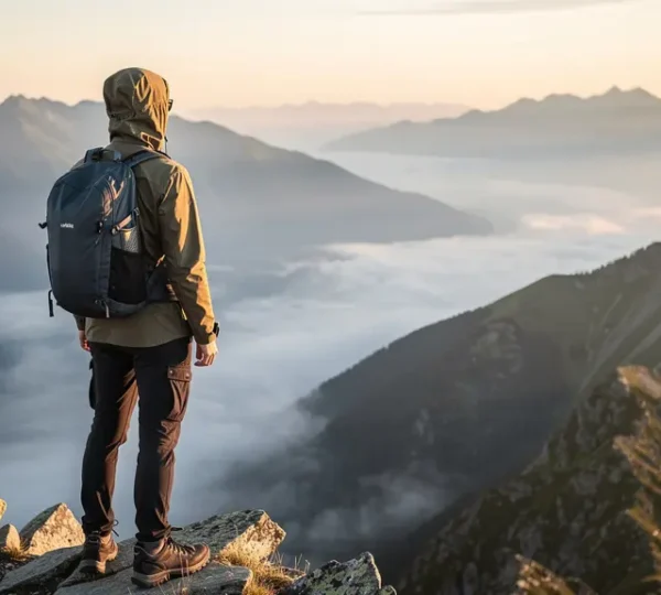 Randonneur solitaire de dos face à un panorama montagnard au lever du soleil avec sac à dos ultra-léger