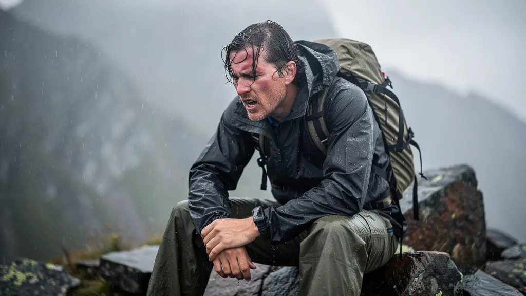 Randonneur en pause au sommet par temps humide illustrant les risques d'hypothermie