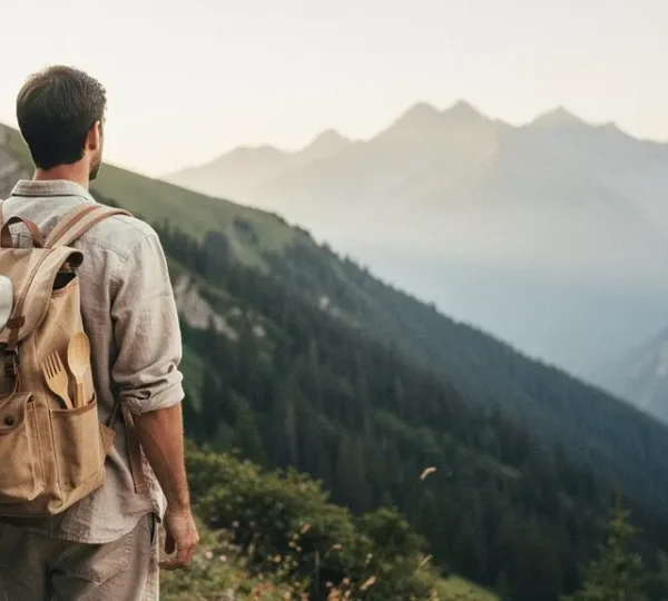 Voyageur avec sac à dos en matières durables observant un paysage naturel préservé