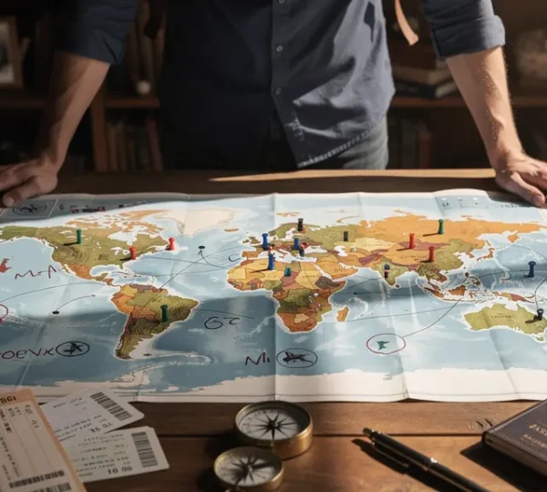 Voyageur contemplant une carte du monde avec des zones colorées représentant différents niveaux de respect des droits humains