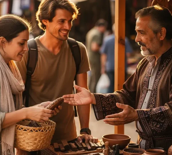 Voyageurs échangeant respectueusement avec des artisans locaux dans un marché traditionnel