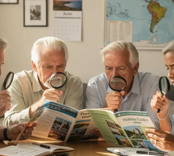Groupe de seniors examinant attentivement des brochures de voyages organisés avec loupe et carnets de notes