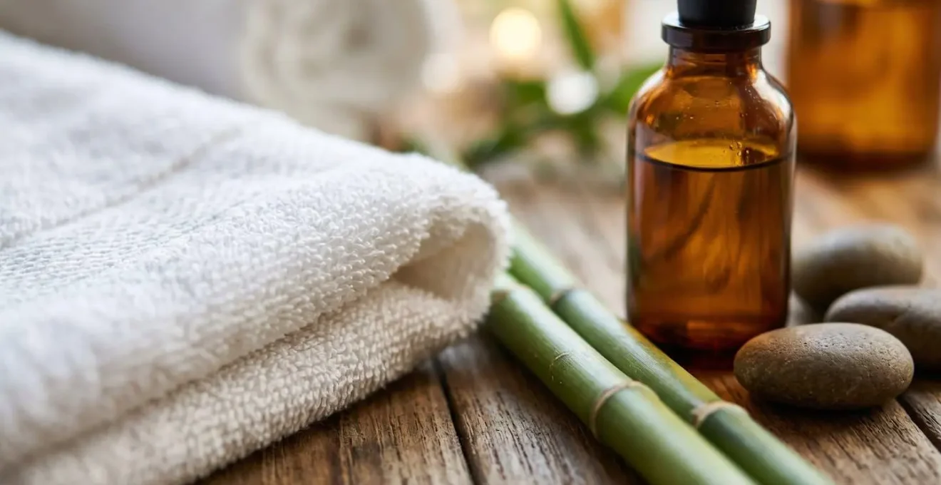 Détail macro de serviettes blanches fraîchement lavées empilées avec des huiles de massage naturelles