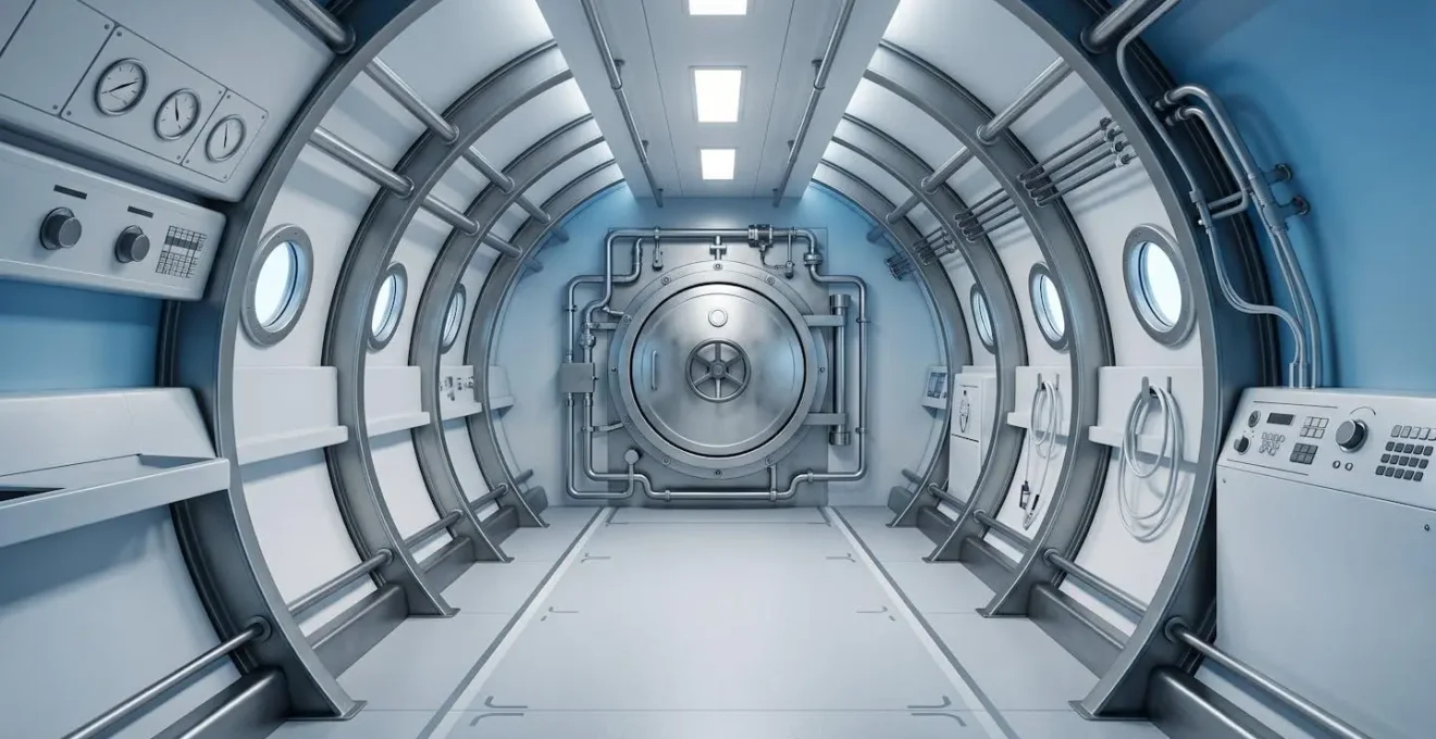 Intérieur d'un caisson hyperbare médical moderne avec équipement de surveillance