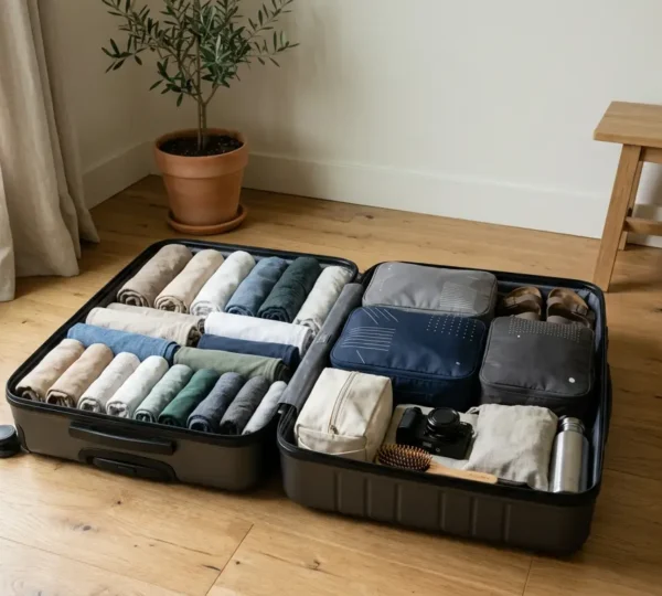 Valise ouverte organisée avec cubes de rangement et vêtements pliés pour voyager léger