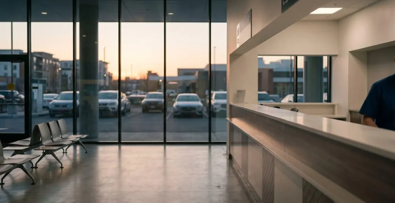 Atmosphère calme d'un comptoir de location de voiture en fin de journée symbolisant l'opportunité de négociation