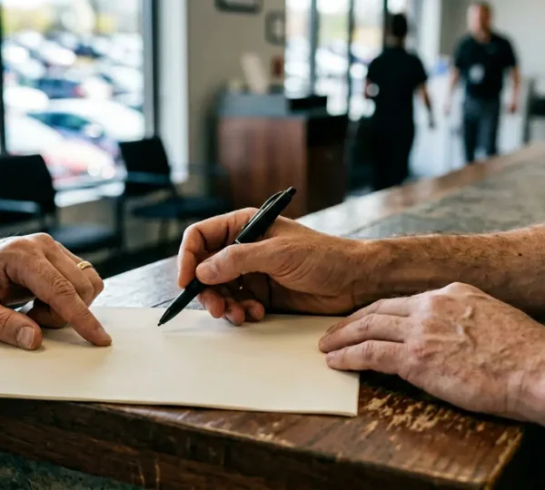 Moment de signature d'un contrat de location de voiture illustrant la vigilance nécessaire face aux clauses complexes