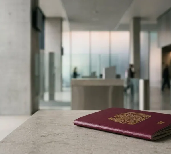 Vue grand angle d'une zone de contrôle aux frontières avec un passeport biométrique au premier plan