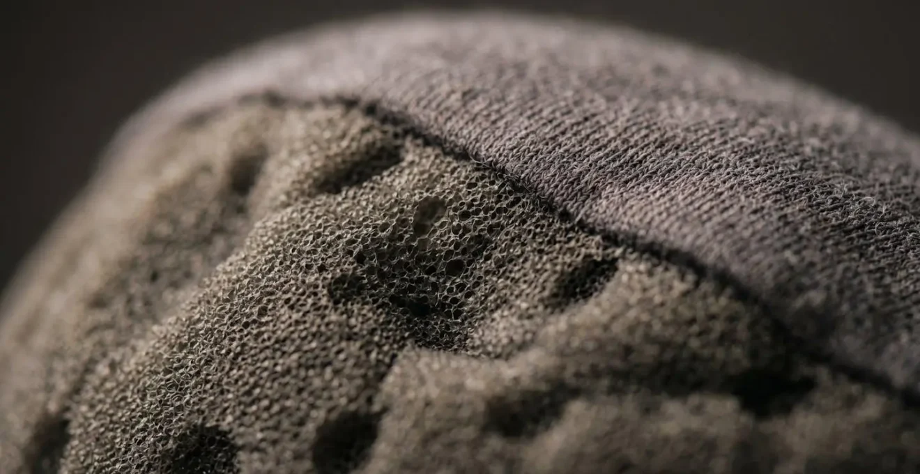 Gros plan sur la texture d'un coussin de voyage en mousse à mémoire de forme illustrant le soutien cervical