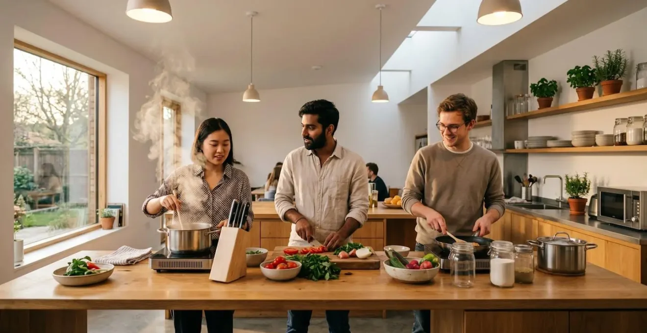 Cuisine commune d'auberge de jeunesse avec voyageurs préparant leurs repas ensemble
