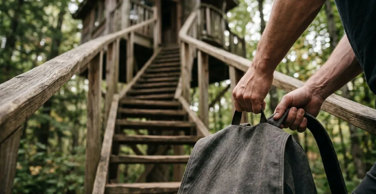 Voyageur transportant un sac léger sur escalier menant vers cabane dans les arbres